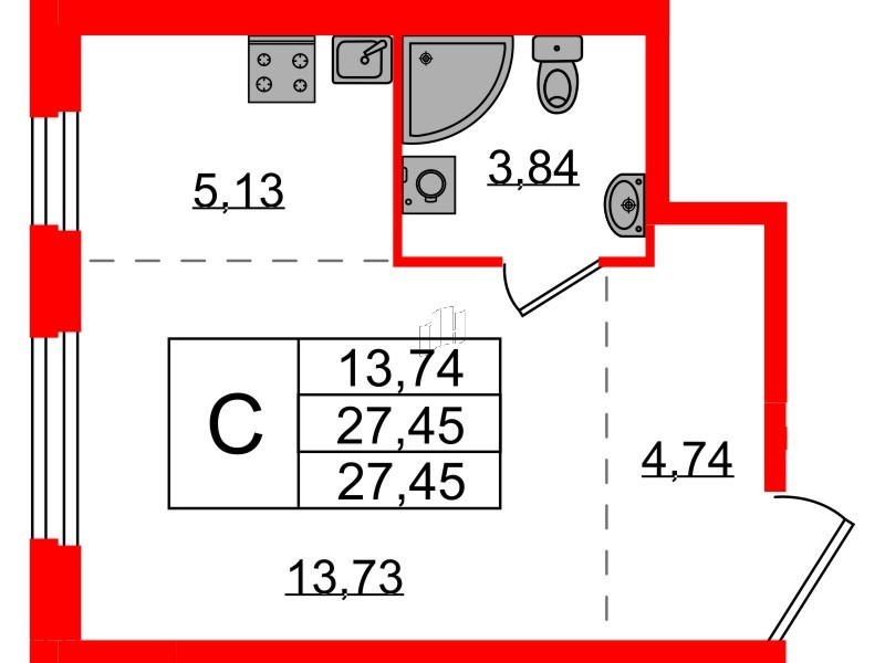 Квартира в ЖК «Аннино Сити», студия, 27.45 м², 1 этаж