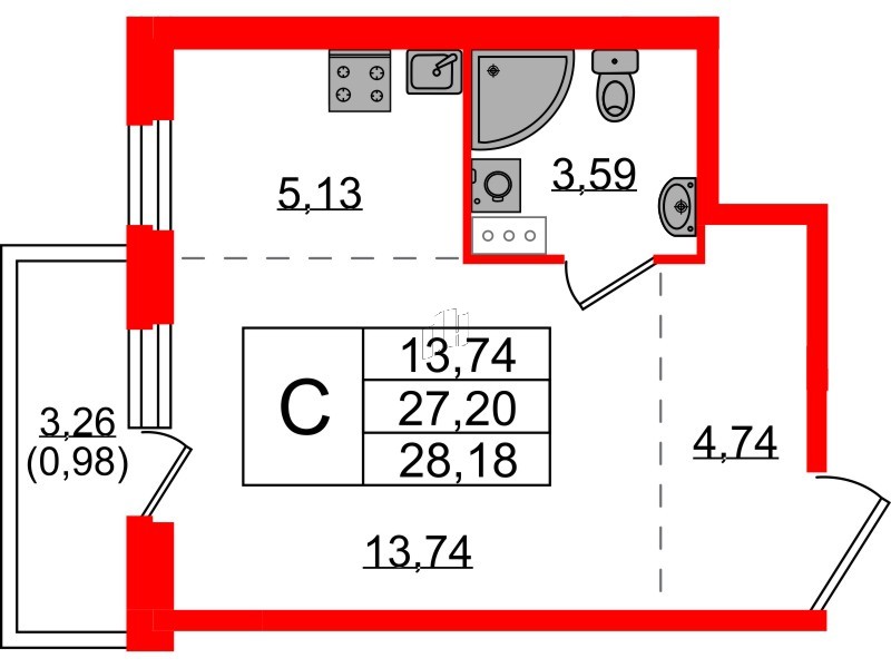Квартира в ЖК «Аннино Сити», студия, 28.18 м², 3 этаж