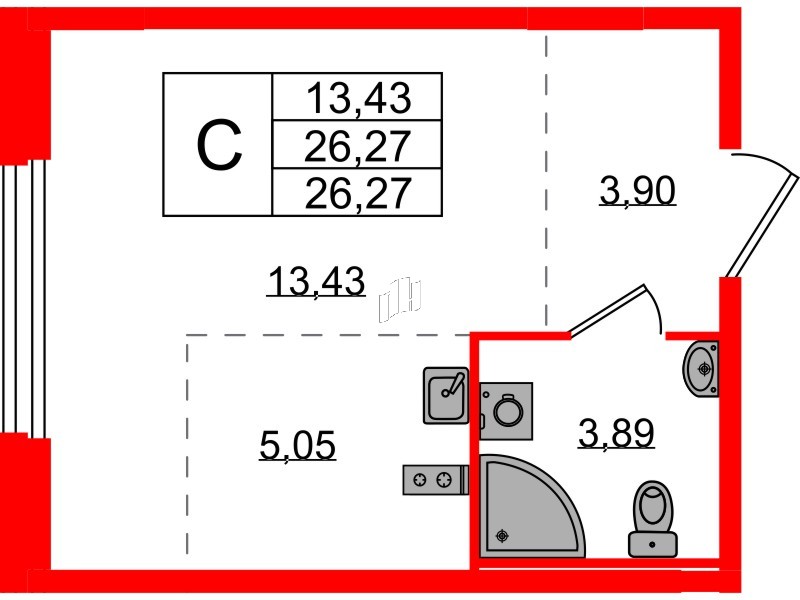 Квартира в ЖК «Аннино Сити», студия, 26.27 м², 1 этаж