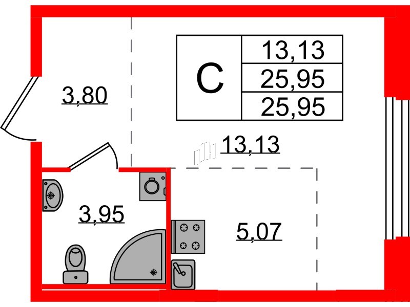 Квартира в ЖК «Аннино Сити», студия, 25.95 м², 1 этаж