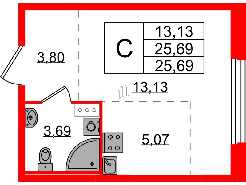 Квартира в ЖК «Аннино Сити», студия, 25.69 м², 2 этаж