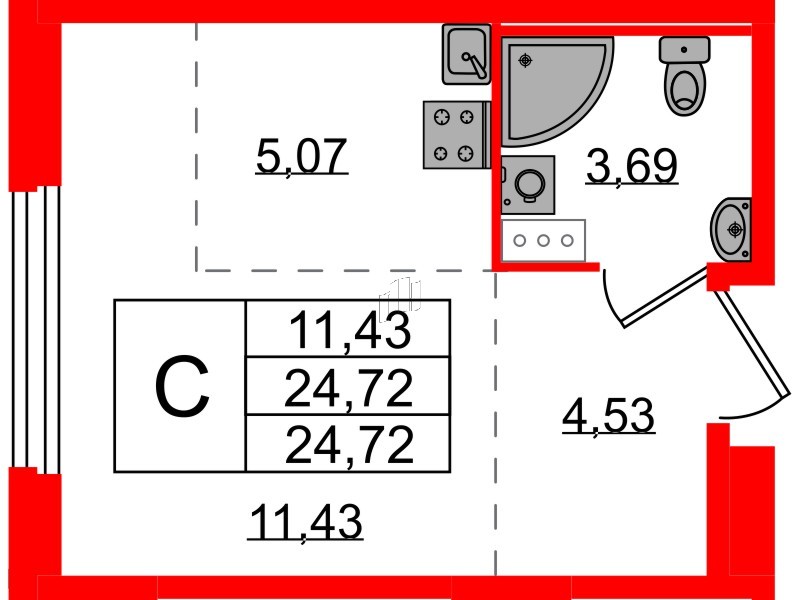 Квартира в ЖК «Аннино Сити», студия, 24.72 м², 3 этаж