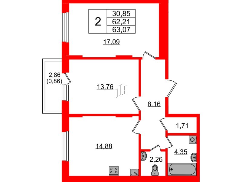 Квартира в ЖК «Аннино Сити», 2 комнатная, 63.07 м², 2 этаж