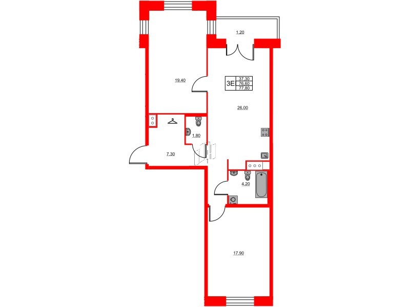 Квартира в ЖК Моисеенко X, 2 комнатная, 77.8 м², 4 этаж