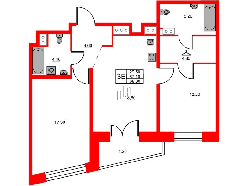Квартира в ЖК Моисеенко X, 2 комнатная, 68.3 м², 4 этаж