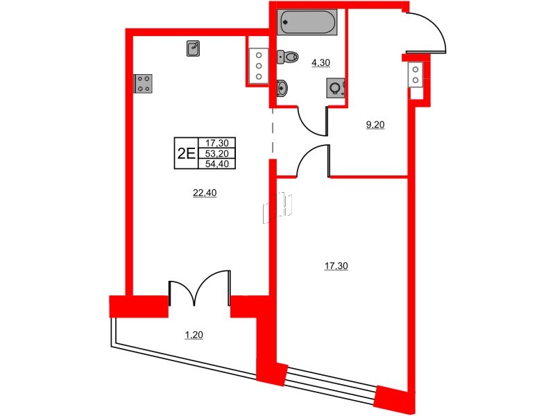 Квартира в ЖК Моисеенко X, 1 комнатная, 54.4 м², 4 этаж