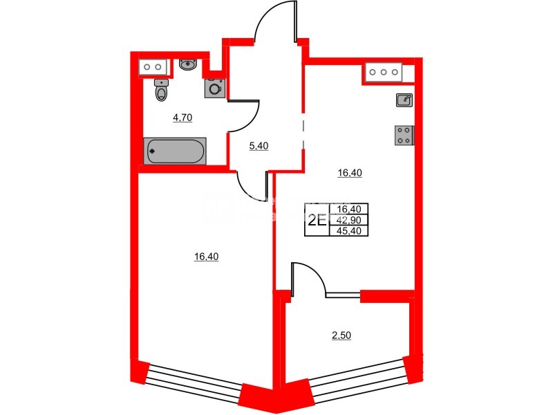Квартира в ЖК «Моисеенко 10», 1 комнатная, 45.4 м², 5 этаж