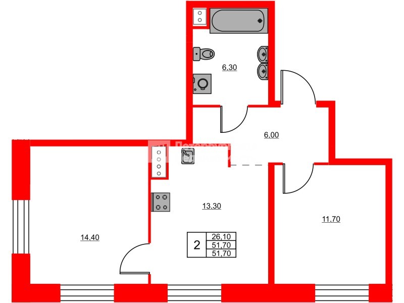 Квартира в ЖК «Моисеенко 10», 2 комнатная, 51.7 м², 3 этаж