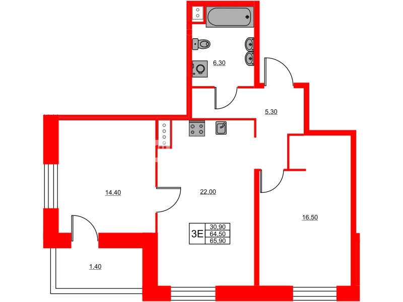 Квартира в ЖК «Моисеенко 10», 2 комнатная, 65.9 м², 8 этаж