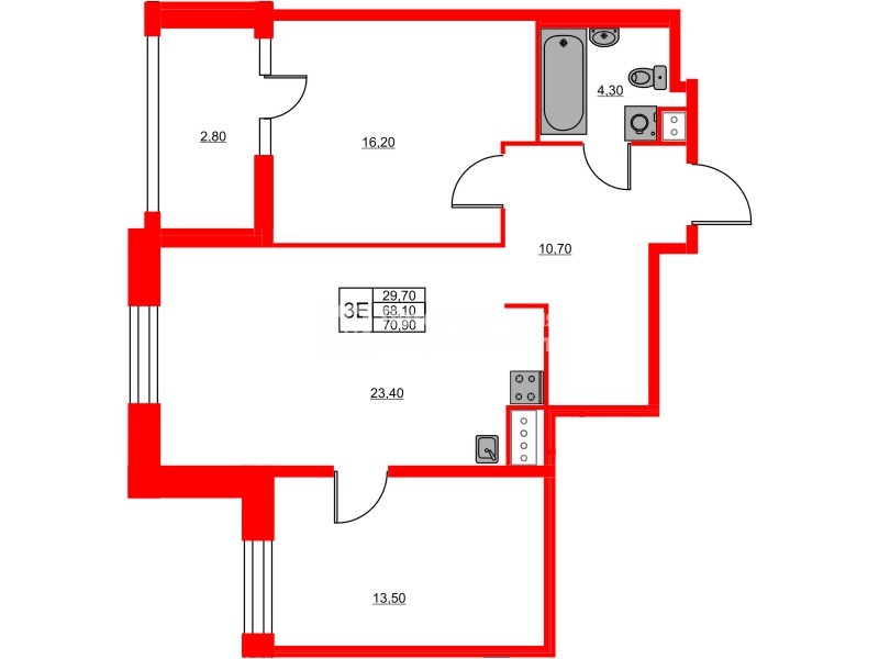 Квартира в ЖК «Моисеенко 10», 2 комнатная, 70.9 м², 5 этаж