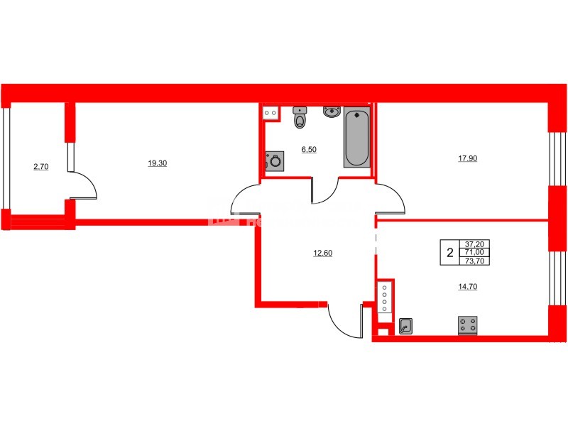 Квартира в ЖК «Моисеенко 10», 2 комнатная, 73.7 м², 6 этаж