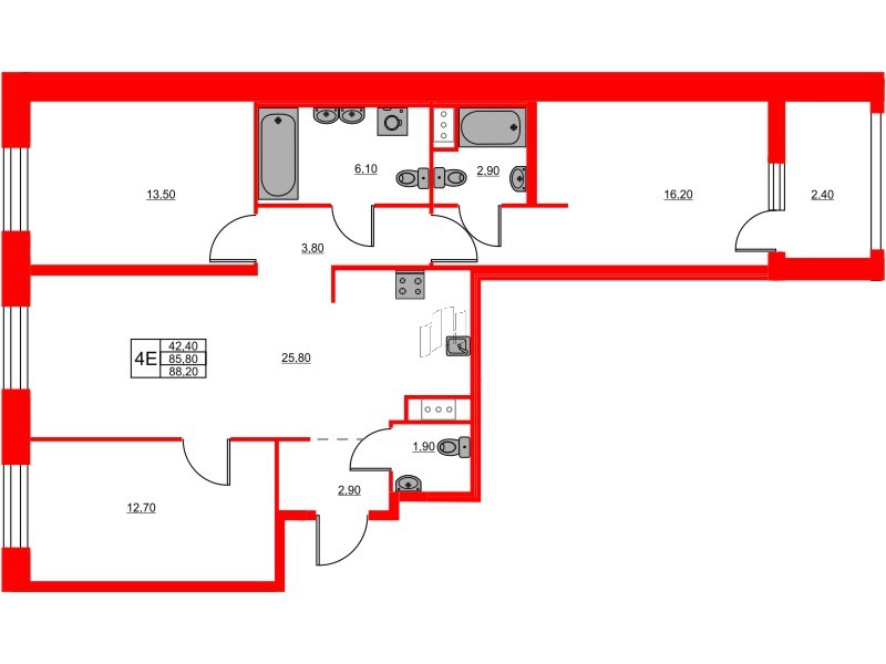 Квартира в ЖК Моисеенко X, 3 комнатная, 88.2 м², 7 этаж