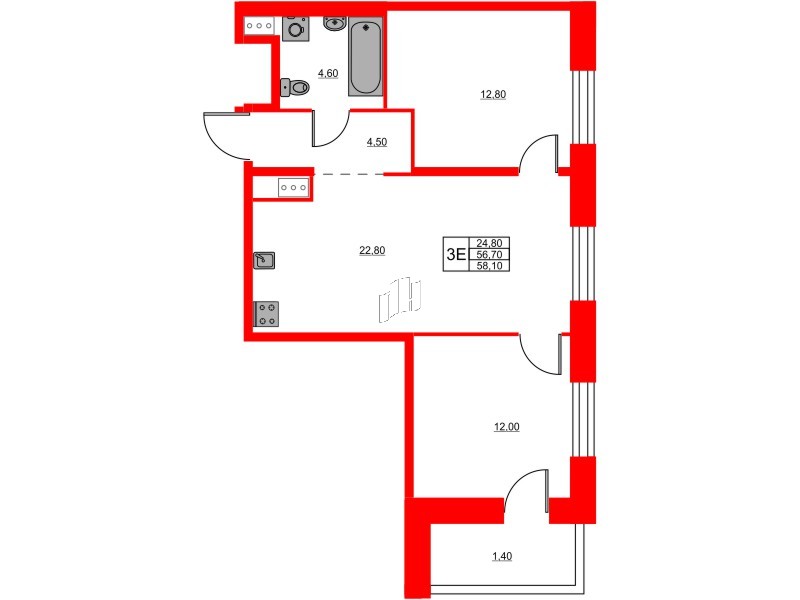 Квартира в ЖК Моисеенко X, 2 комнатная, 58.1 м², 8 этаж