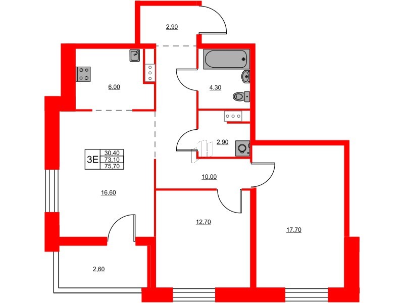 Квартира в ЖК Моисеенко X, 2 комнатная, 75.7 м², 6 этаж