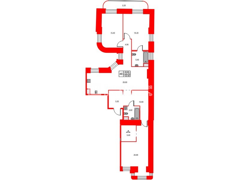 Квартира в ЖК «Моисеенко 10», 3 комнатная, 122.9 м², 3 этаж