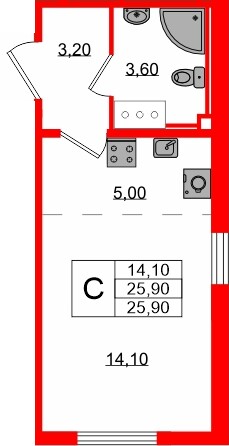 Квартира в ЖК «Октябрьская Набережная», студия, 25.9 м², 25 этаж
