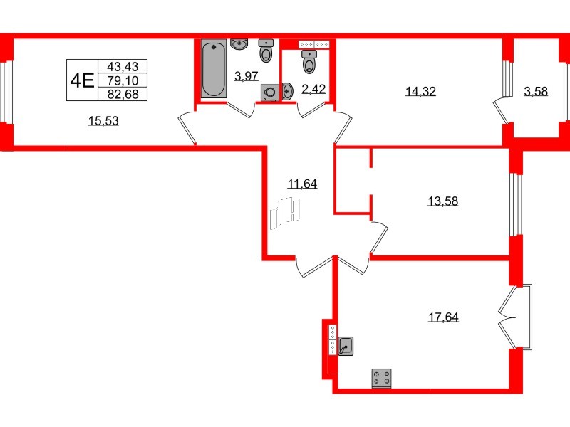 Квартира в ЖК Дубровский, 3 комнатная, 79.1 м², 2 этаж