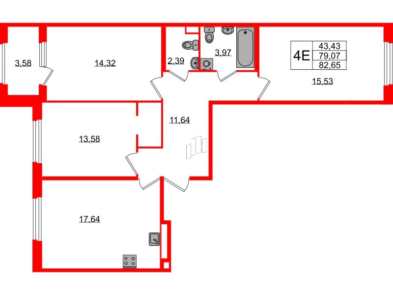 Квартира в ЖК Дубровский, 3 комнатная, 79.07 м², 2 этаж