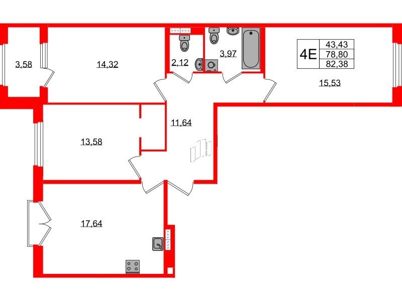 Квартира в ЖК Дубровский, 3 комнатная, 78.8 м², 3 этаж