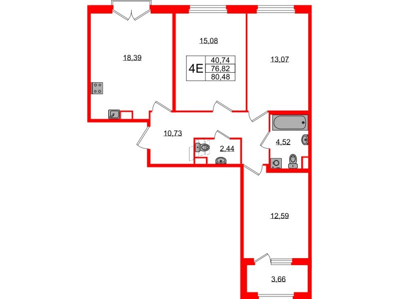 Квартира в ЖК Дубровский, 3 комнатная, 76.82 м², 2 этаж