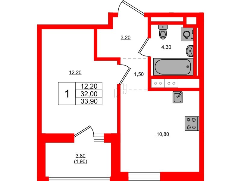 Квартира в ЖК Янила Форест, 1 комнатная, 33.9 м², 9 этаж