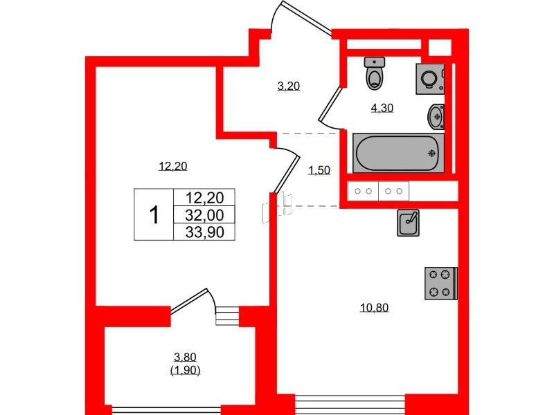 Квартира в ЖК Янила Форест, 1 комнатная, 33.9 м², 11 этаж