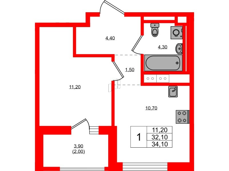 Квартира в ЖК Янила Форест, 1 комнатная, 34.1 м², 4 этаж