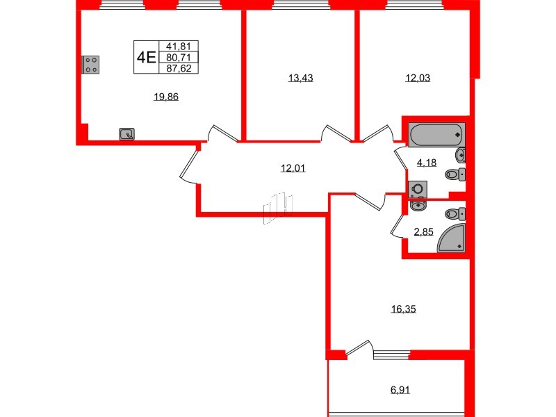 Квартира в ЖК Любоград, 3 комнатная, 80.71 м², 2 этаж