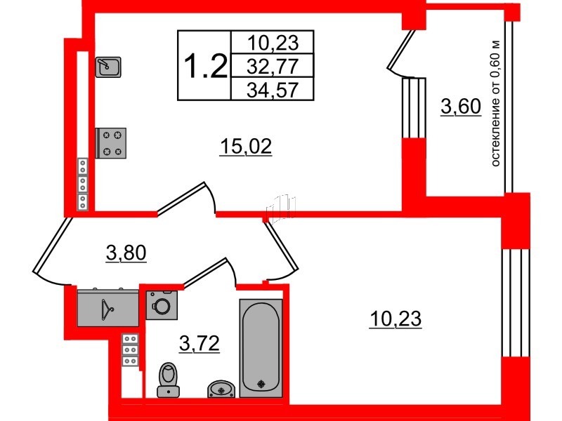 Квартира в ЖК Univer City, 1 комнатная, 32.77 м², 4 этаж