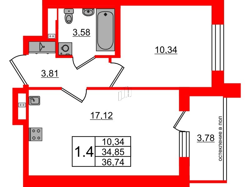 Квартира в ЖК Univer City, 1 комнатная, 34.85 м², 2 этаж