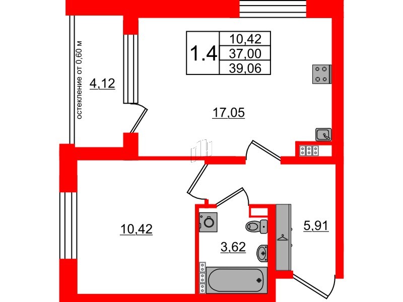 Квартира в ЖК Univer City, 1 комнатная, 37 м², 4 этаж