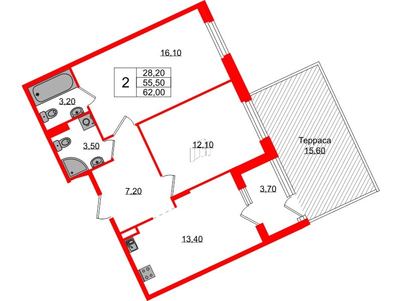 Квартира в ЖК Экография, 2 комнатная, 62 м², 1 этаж