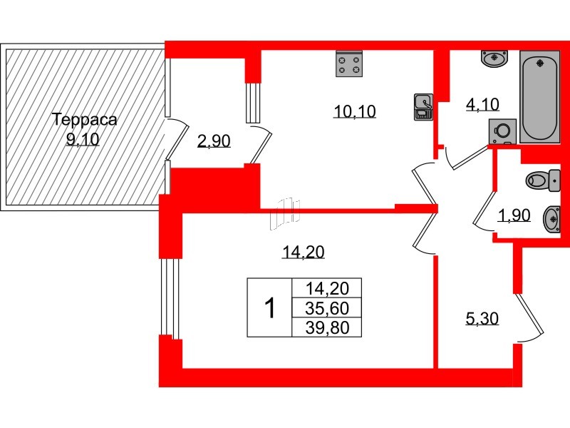 Квартира в ЖК Экография, 1 комнатная, 39.8 м², 1 этаж