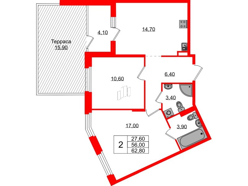 Квартира в ЖК Экография, 2 комнатная, 62.8 м², 1 этаж
