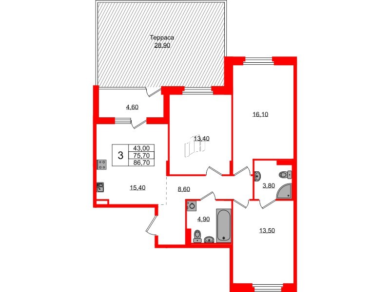 Квартира в ЖК Экография, 3 комнатная, 86.7 м², 1 этаж