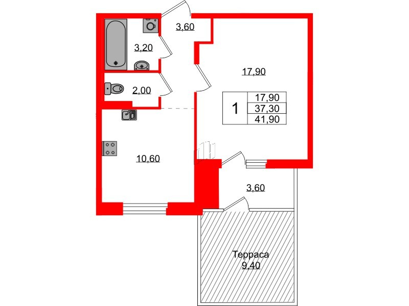 Квартира в ЖК Экография, 1 комнатная, 41.9 м², 1 этаж