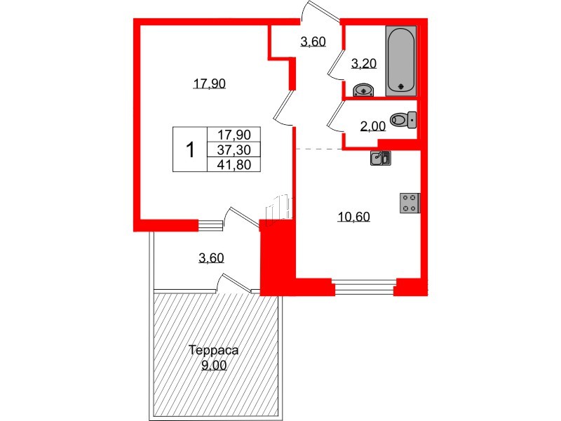 Квартира в ЖК Экография, 1 комнатная, 41.8 м², 1 этаж