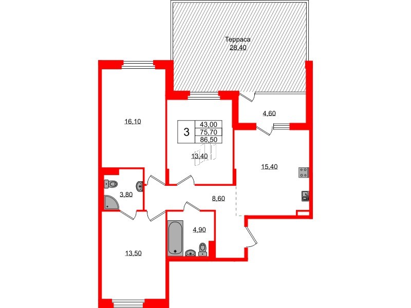 Квартира в ЖК Экография, 3 комнатная, 86.5 м², 1 этаж