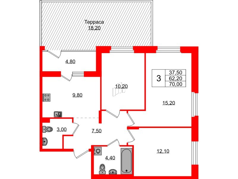 Квартира в ЖК Экография, 3 комнатная, 70 м², 1 этаж