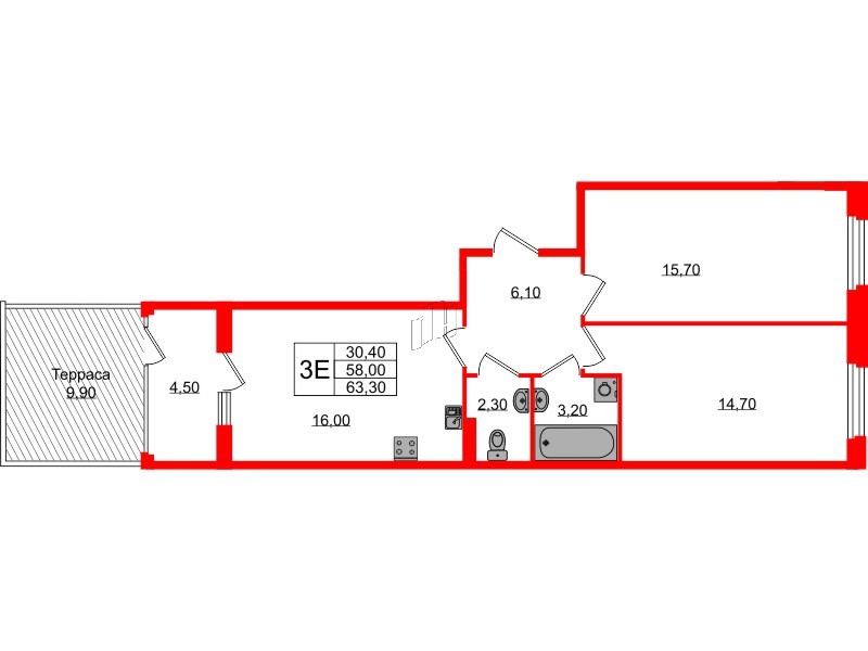 Квартира в ЖК Экография, 2 комнатная, 63.3 м², 1 этаж
