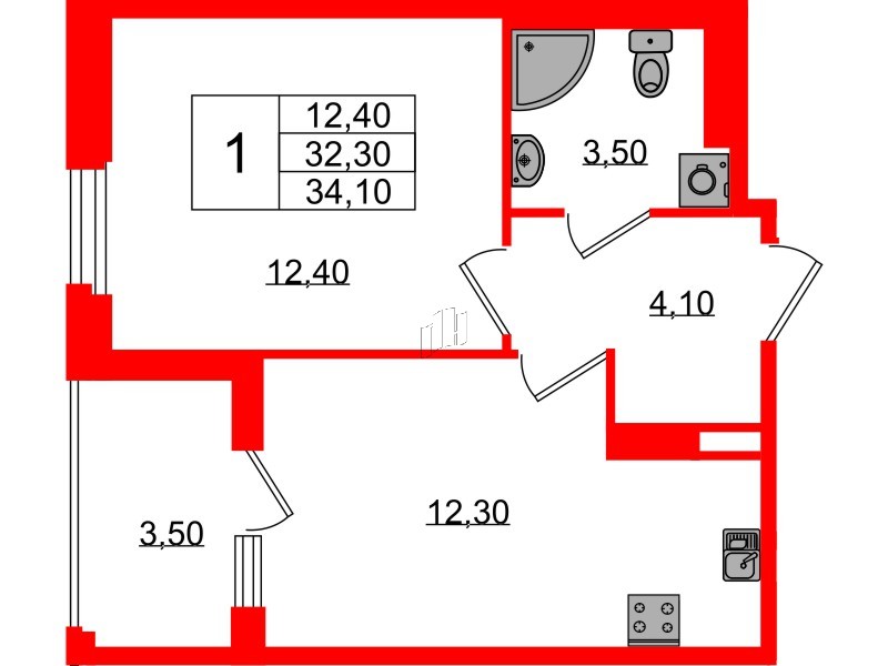 Квартира в ЖК Экография, 1 комнатная, 34.1 м², 3 этаж