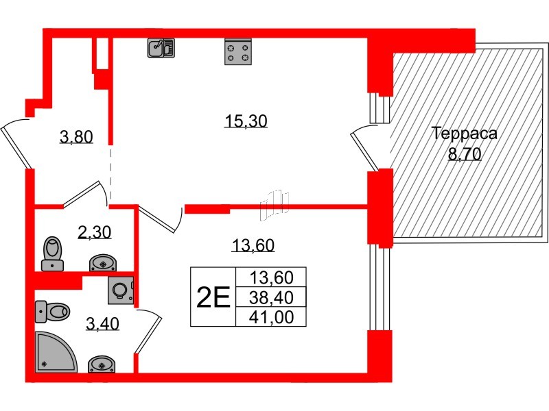 Квартира в ЖК Экография, 1 комнатная, 41 м², 1 этаж