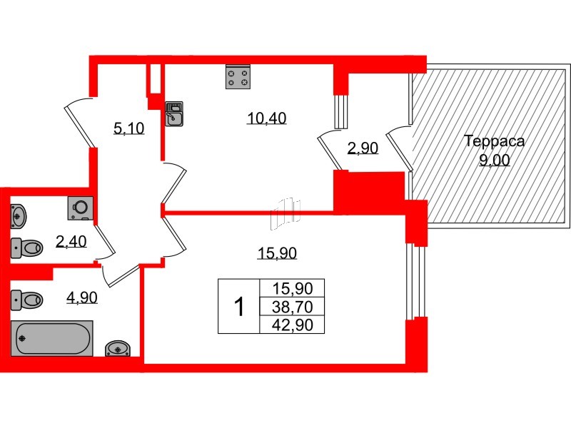 Квартира в ЖК Экография, 1 комнатная, 42.9 м², 1 этаж
