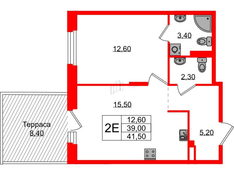Квартира в ЖК Экография, 1 комнатная, 41.5 м², 1 этаж