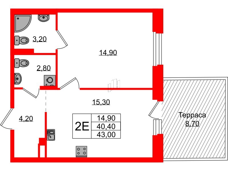 Квартира в ЖК Экография, 1 комнатная, 43 м², 1 этаж