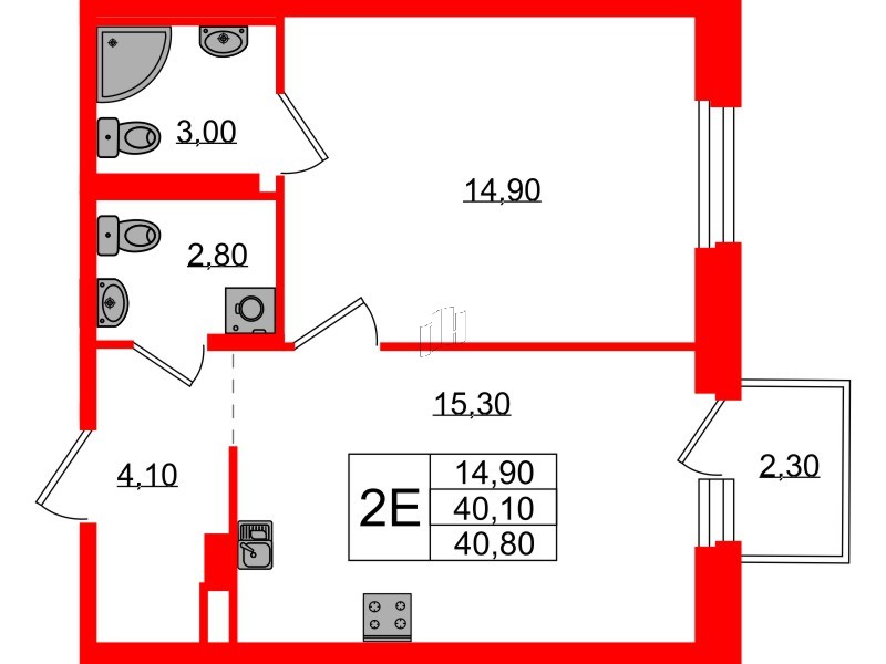 Квартира в ЖК Экография, 1 комнатная, 40.8 м², 3 этаж