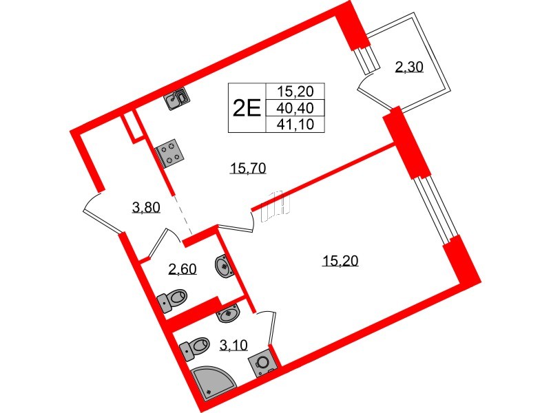 Квартира в ЖК Экография, 1 комнатная, 41.1 м², 2 этаж