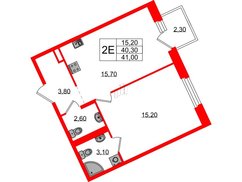 Квартира в ЖК Экография, 1 комнатная, 41 м², 3 этаж