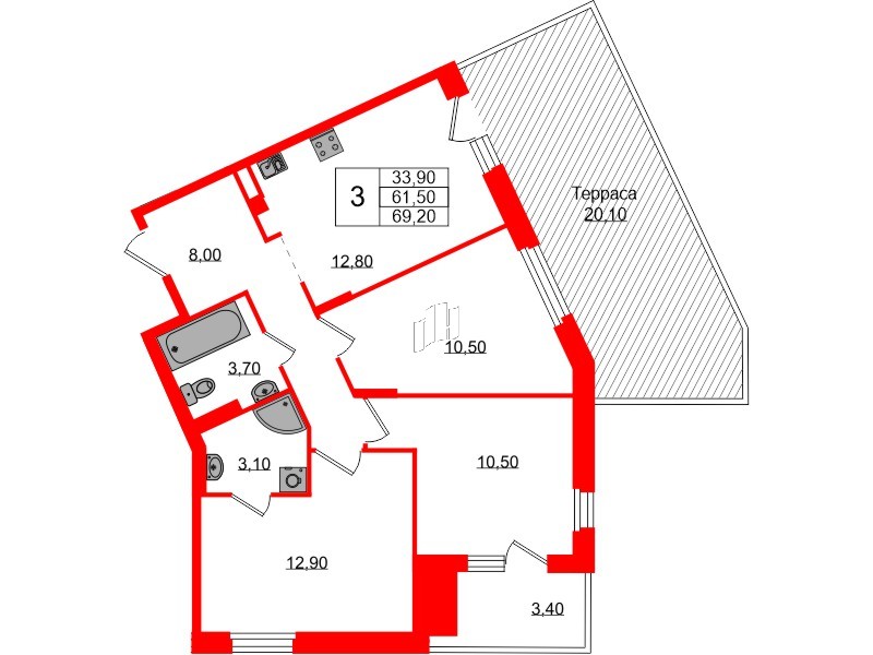 Квартира в ЖК Экография, 3 комнатная, 69.2 м², 1 этаж