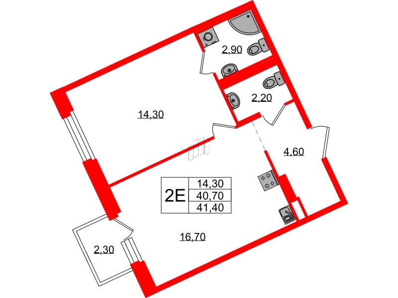 Квартира в ЖК Экография, 1 комнатная, 41.4 м², 3 этаж